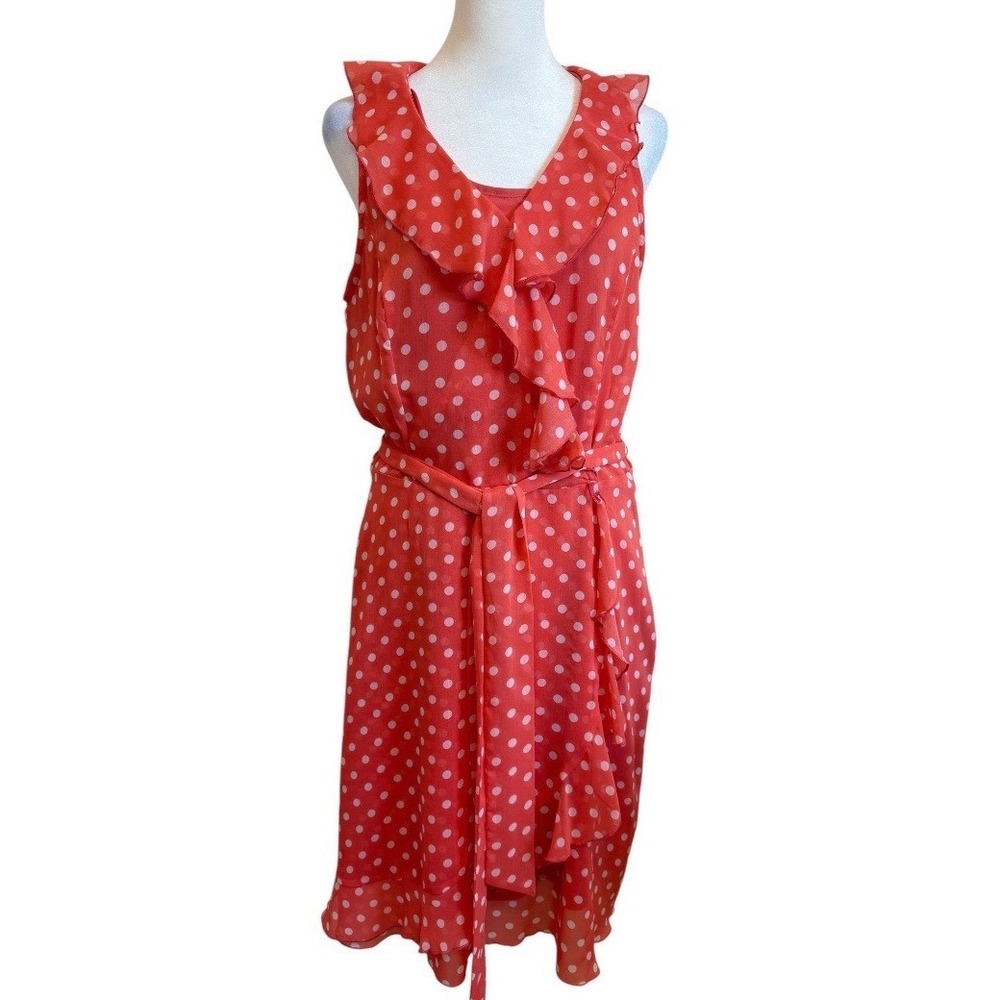 JBS Womens Coral Pink White Polka Dot Ruffle V-Neck Belted Chiffon Dress Size 8